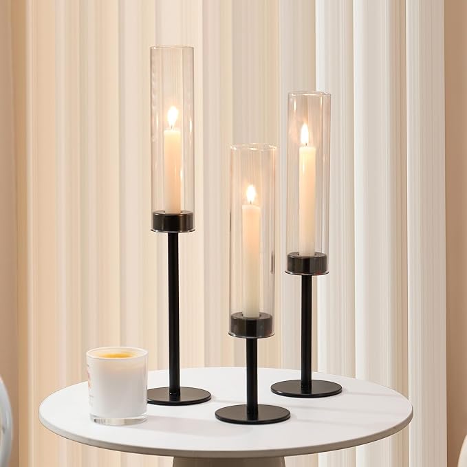 Black Hurricane Glass Candle Holders Set of 3, Tall Metal Taper Candle Stick - Image 7