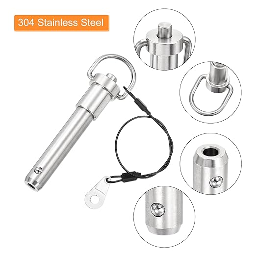 uxcell 2 Pcs Quick Release Pin, 1/2" x 1.77"(Dia. x L) Push-Button Ball Locking Pin 304 Stainless Steel Ring Handle Locking Pin with Wire for Audio Bimini Top Marine, Silver