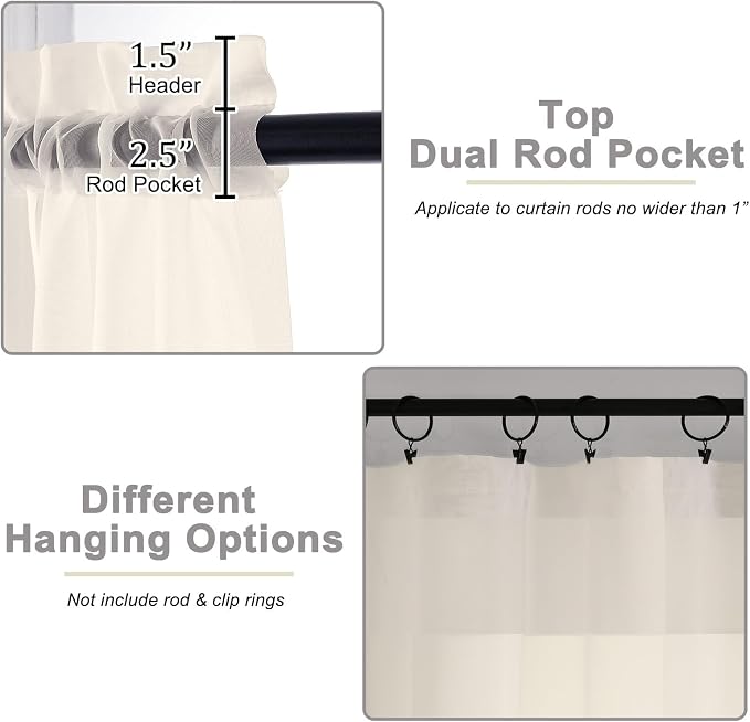 Kitchen Curtains 24 Inch Length Tier 2 Pieces, Cream Sheer Curtain Solid Soft - Image 4