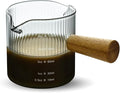 Glass Measuring Cup, 4oz Espresso Shot Glass with Wood Handle, Double Spouts Measuring Triple Pitcher Milk Cup for Coffee Tea (Gray Ribbed）
