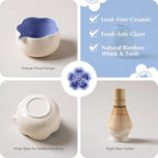 Matcha Set, 8Pcs Floral Ceramic Matcha Set with Matcha Whisk, Holder, Scoop, Scoop Rest, Sifter, Spoon and Tea Towel - Thoughtful Matcha Whisk Set Gift for Matcha Lovers (Beige & Blue)