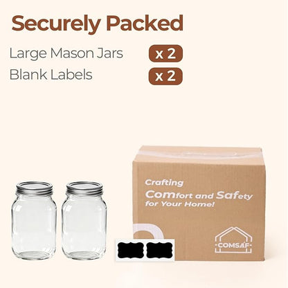ComSaf Wide Mouth Mason Jars 32 oz with Lids 2 Pcs, Quart Mason Jars with Seal Band, Large Glass Jar, Big Canning Containers for Pickles, Jams, Sauces, Salsa, Sourdough, Salad, Suntea, Food Storage