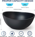 6.2'' Bamboo Fiber Cereal Bows Set of 6, Soup Bowls 24 Oz for Serving Salad, Snack, Side Dishes, Modern Oval Lightweight Bowls for Breakfast,Lunch and Dinner, Dishwasher and Freezer Safe(Matte black)