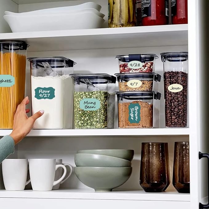 Labels for Food Containers 120Pcs Removable Waterproof Write-on Kitchen Label Stickers for Jars Bottles Bins and Home Storage Organization with 2 Markers, Colored Chalkboard Pantry Labels in 5 Sizes