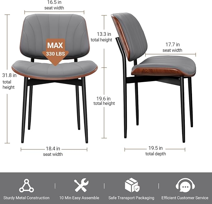 REONEY Dining Chairs Set of 6, Mid-Century Modern Upholstered PU Leather Chairs - Image 2