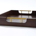 Joy&Grace Acacia Wooden Serving Tray with Metal Handles 16.7 x 12.8 inch Decorative Ottoman Tray for Living Room Coffee Table Large (Color Brown)