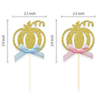 24pcs Pumpkin Gender Reveal Cupcake Toppers - Baby Shower Girl or Boy Party Decorations Supplies, Pumpkin Food Pick (Blue and Pink Bow)