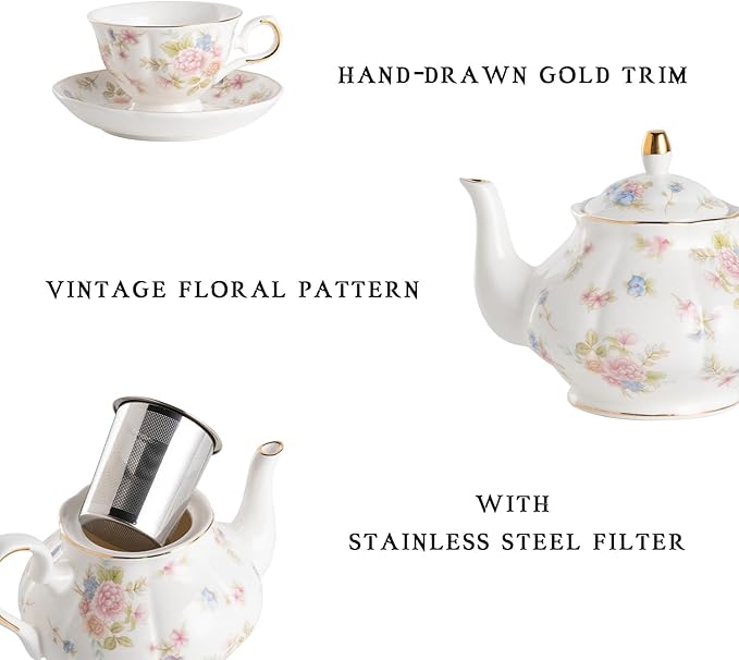 Sweejar Porcelain Tea Sets, Vintage British Floral Relief Gold Rimmed Teapot Cup and Saucer Set, Tea Set Service for 6, with Teapot, Sugar Bowl, Milk Jug, Spoons, Tea Cup and Saucer (Small Flower)