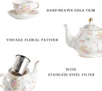 Sweejar Porcelain Tea Sets, Vintage British Floral Relief Gold Rimmed Teapot Cup and Saucer Set, Tea Set Service for 6, with Teapot, Sugar Bowl, Milk Jug, Spoons, Tea Cup and Saucer (Small Flower)