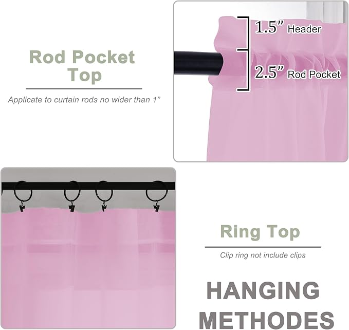 Sheer Pink Curtains, Sheer Curtains 63 inch Length 2 Panels Set, Rod Pocket - Image 4