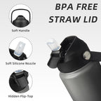 BJPKPK Water Bottle with Straw Lid, 24oz Vacuum Insulated Water Bottles, Metal Stainless Steel Thermos for Sports, Travel, BPA Free Leak Proof Thermos, Cups, Flasks, Tumblers,Black Grey