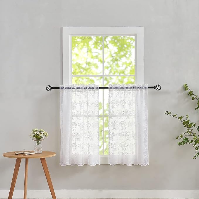 YJ YANJUN Vintage Lace Curtains 36 inch Length Country White Cafe Kitchen Sheer by YJYANJUN