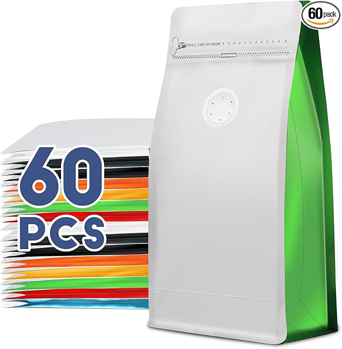 Coffee Bags with Valve(60pcs,16 oz,1 lb) Vented Coffee Beans Packaging Bags High Barrier Aluminumed Foil Flat Bottom Heat Sealed Side Zipper Resealable Storage Bag for Home or Business（White+Green）