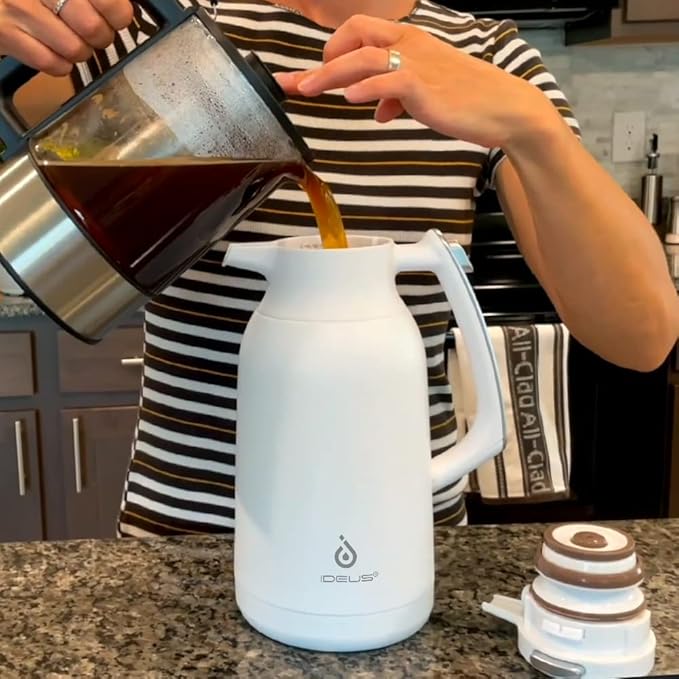 IDEUS Thermal Coffee Carafe 68oz (2,000ml), Stainless Steel Double Wall Insulated Vacuum Flask, Water Jug Coffee Server and Beverage Dispenser, Heat and Cold Retention (White-Silver, 68oz (2,000ml))