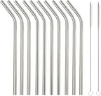 10 Pcs Stainless Steel Straws, Reusable Drinking Straws, Bent Metal Straw Sets with 2 Pcs Cleaning Brushes (Silver, 10.5 Inch)
