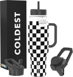 Coldest 40 oz Tumbler with Handle and Straw, 100% Leak Proof Insulated Tumbler with Lid and Straw (3 Lids), Stainless Steel Tumblers for Women & Men, Cup Holder Friendly, 46 oz (Black Checkers)