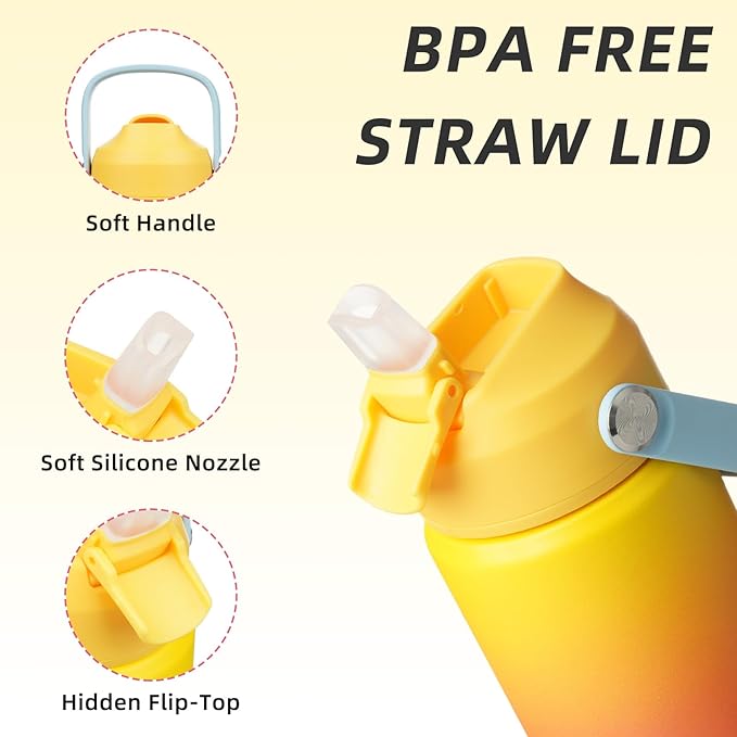 BJPKPK Insulated Water Bottle with Straw Lid, 12oz Thermos Water Bottles with Soft Nozzle, Flex Handle & Non-slip Boot, BPA Free Leak Proof Stainless Steel Metal Thermos, Tumblers, Cups,Rainbow