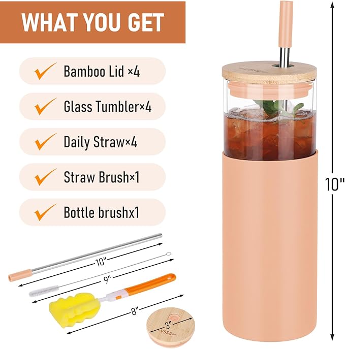 Glass Tumbler w/Lids & Straw - 24oz Reusable Mug w/Bamboo Lid & Stainless Steel Straw - BPA-Free, Leak-Proof, Dishwasher Safe for Coffee, Smoothies, Hot Beverages, Travel, Office, Home Use，4-PK
