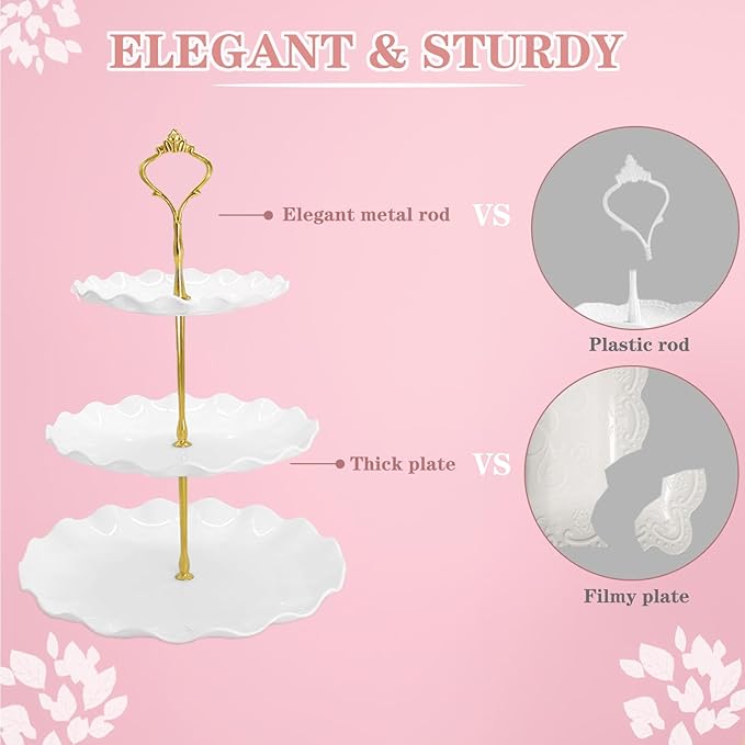 5 Pcs Dessert Table Display Set, White Plastic 2 Pcs Round 3 Tier Cupcake Stand Cup Cake Tower Stand with Metal Rod & 3 Pcs Serving Tray for Baby Shower, Tea Party, Wedding, Birthday Party