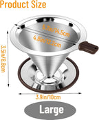 Reusable Paperless Coffee Filter V60,Coffee Dripper,Professional Stainless Steel Drip Cone Brew Coffee Strainer,Double Micro Mesh Filter,Coffee Filter Mug,Silicone Handle & Non-Slip Silicone Base (L)
