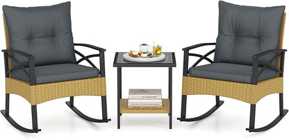 Tangkula 3 Pieces Outdoor Rocking Chairs Set, Rattan Heavy Duty Cushioned by TANGKULA