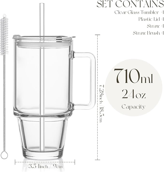 KEMORELA 24oz Glass Tumbler with Handle & Lid - Reusable Glass Cup with Straw for Iced Coffee, Smoothie & Water - Clear Drinking Glasses, To-Go Travel Drinkware (1)