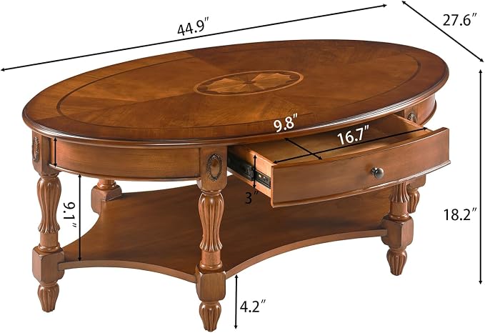 Traditional Solid Wood Oval Coffee Table, 45” x 18” Center Table - Image 3