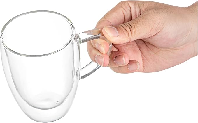 Restaurantware-Forma Professional 11.8 Ounce Glass Coffee Cups, 12 Insulated Coffee Cups With Handle - Dishwashable, Reusable, Clear Double Wall Beverage Tumblers, Freezable For Hot Or Cold Beverages