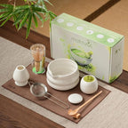 Matcha Whisk 8 Pcs Set - Ceramic Bowl, Bamboo Whisk with Holder, Canister, Sifter, Schima Spoon, Spoon Rest and Tea Towel, Complete Kit for Traditional Matcha and Modern Lattes (Glossy White)