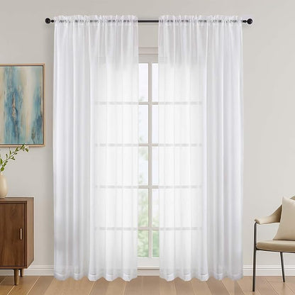 White Sheer Curtains 84 Inches Long 2 Panels Set, 59 Inch Extra Wide Light by OVZME