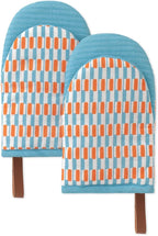 Folkulture Mini Oven Mitts Heat Resistant & Non Slip | (5.75 x 9) Set of 2 Blue Short Oven Mitts with Hanging Loop for Kitchen Decor | 100% Cotton Oven Gloves or Orange Kitchen Mittens Set