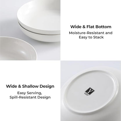 Y YHY 9.75" Large Pasta Bowls, 50 Ounces Big Salad Bowls, Ceramic Serving Bowl Set of 4, Wide and Shallow Bowls Set, Microwave and Dishwasher Safe, White