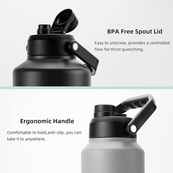 BJPKPK 64 oz Insulated Water Bottle, Dishwasher Safe Half Gallon Water Bottle with Ergonomic Handle, BPA Free Leak Proof Water Jug for Sports, Metal Thermos with Anti-slip Bottom, Black