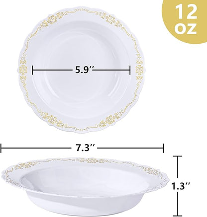 DaYammi 30 Pack Plastic Bowls with Gold Rim, 12oz Disposable Soup Bowls, Heavy Duty Dinner Bowls for Weddings, Parties, Dinners, Catering and Everyday Use