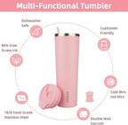 BJPKPK 34oz Tumbler With lid And Straw Stainless Steel Travel Coffee Mug Insulated Tumblers Cups,Light Pink
