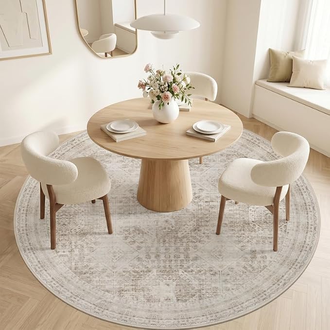 Round Area Rug Living Room: 8ft Neutral Washable Carpet Rug Brown | Vintage - Image 2