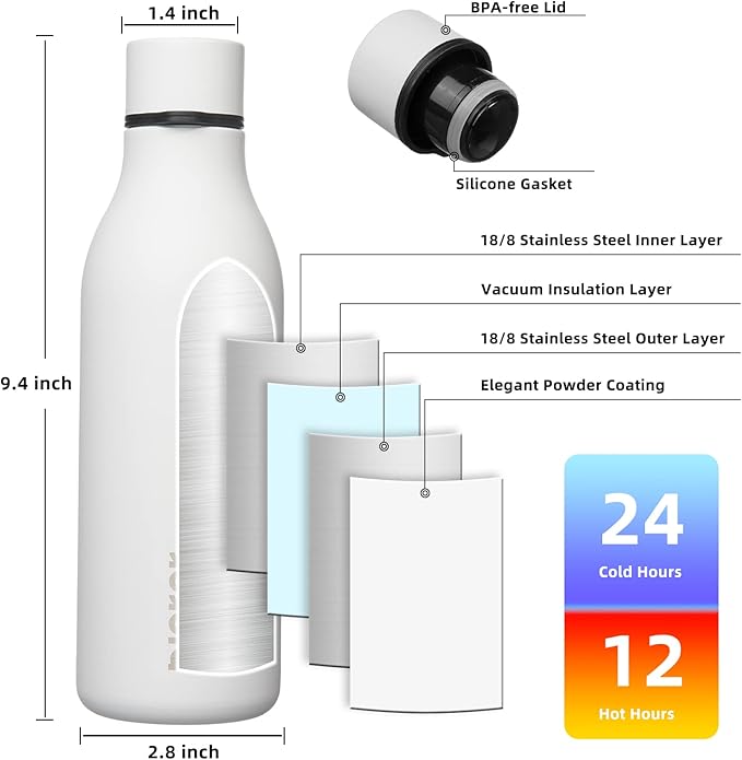 BJPKPK Insulated Water Bottles, 18 oz Stainless Steel Metal Water Bottle with Strap, BPA Free Leak Proof Thermos, Mugs, Flasks, Reusable Water Bottle for Sports & Travel, White
