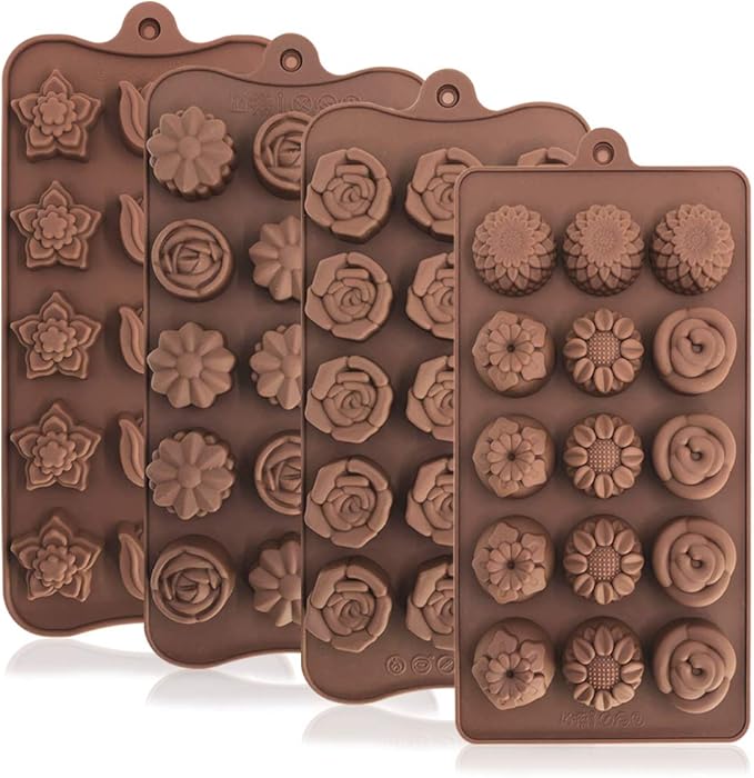 4 Pack Flower Shape Silicone Molds Chocolate Candy Mold, DanziX Silicone Mold for Wedding,Festival, Parties, DIY Enthusiasts-15 Cavity
