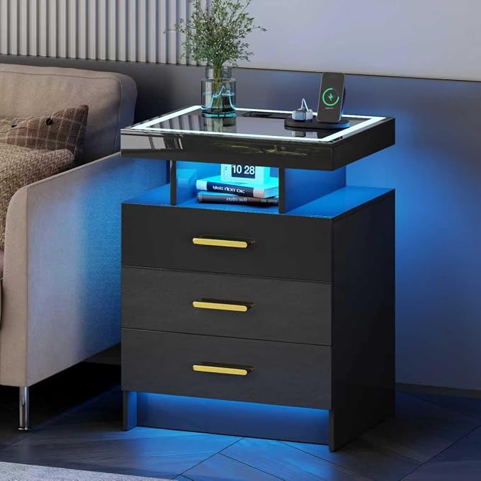 Black Night Stand Set 2 with Wireless Charging Station, Smart Bedside Table - Image 3