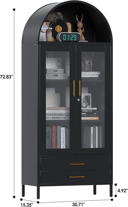 73" Tall Display Cabinet with Glass Doors and 2 Drawers, Metal Arched Cabinet - Image 2