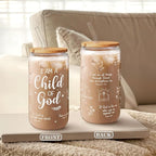 SANDJEST Christian Glass Can, I am Child of God Cup with Lid & Straw, Iced Coffee Aesthetic Cups, Idea Gift for Christmas Birthday, Gifts for Women, 16oz