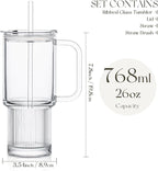 KEMORELA 26oz Ribbed Glass Mug with Handle and Lid – Large Clear Tumbler for Iced Coffee, Tea, Smoothies & Hot Drinks, Reusable Glass Cup with Straw, Dishwasher Safe, Travel Friendly