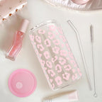 SANDJEST Leopard Glass Bottle, Pink Leopard Print Glass Cup with Lid & Straw, Iced Coffee Aesthetic Glass Can, Gifts for Women, Christmas Birthday Mother's Day