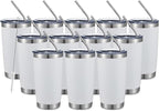 COMOOO 20oz White Tumbler Double Wall Vacuum Insulated Travel Mug Stainless Steel Coffee Mug with Lid and Straw Durable Powder Coated Insulated Coffee Cup for Cold & Hot Drinks (White,12 pack