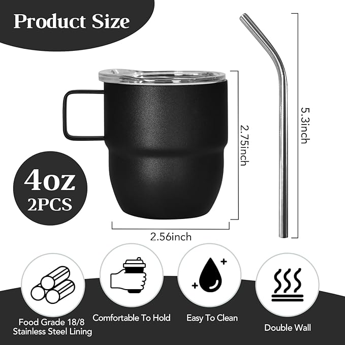 4oz Espresso Cup Set of 2, Insulated Espresso Mug With Lid and Straw, Espresso Shot Glasses with Handle, Double Walled Stainless Steel Small Expresso Shots Cup for Coffee