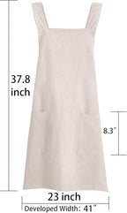 Soft Cotton Linen Apron for Women - Non-tie Cross Back Apron with Pockets, Great for Florist and Kitchen