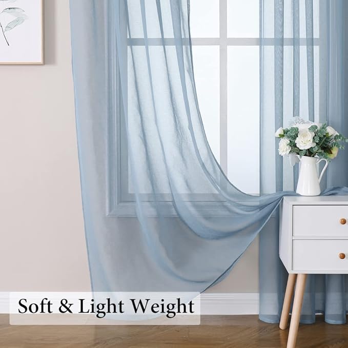 MIULEE Semi Transparent Dusty Blue Linen Textured Sheer Curtains 54W×90L | Semi - Image 6