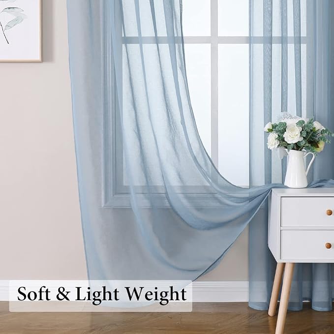 MIULEE Dusty Blue Linen Textured Semi-Sheer Curtains 42W×84L 2 Panels | Semi - Image 6