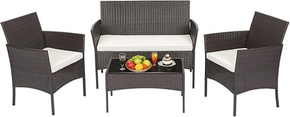 FDW | 4-Piece Patio Furniture Set | Brown | Outdoor Wicker Furniture by FDW