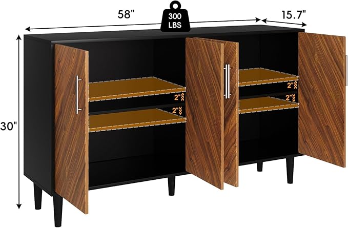 4 EVER WINNER Buffet Cabinet with Storage, 58" Sideboard Cabinet with Adjustable Shelves, Modern Coffee Bar with 4 Doors for Living Room Entryway, Walnut and Black